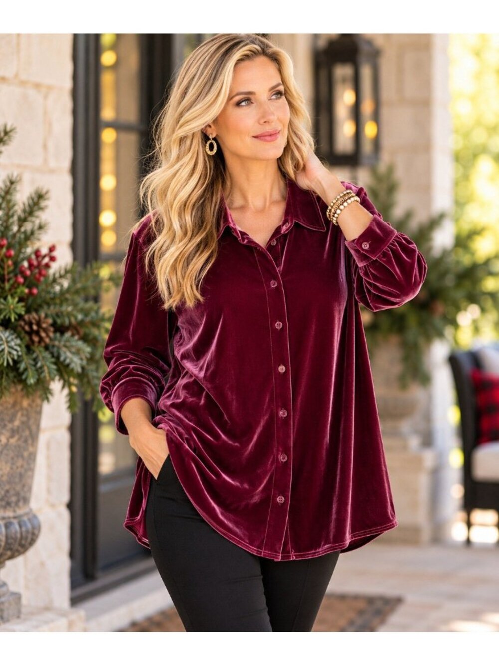 Soft Surroundings Velvet Red Boyfriend Tunic Button Shirt Top SZ 2X Fall Casual